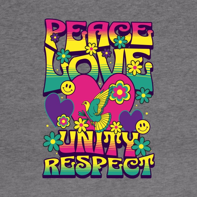 PEACE LOVE UNITY RESPECT - 60's steez (yellow/pink) by DISCOTHREADZ 